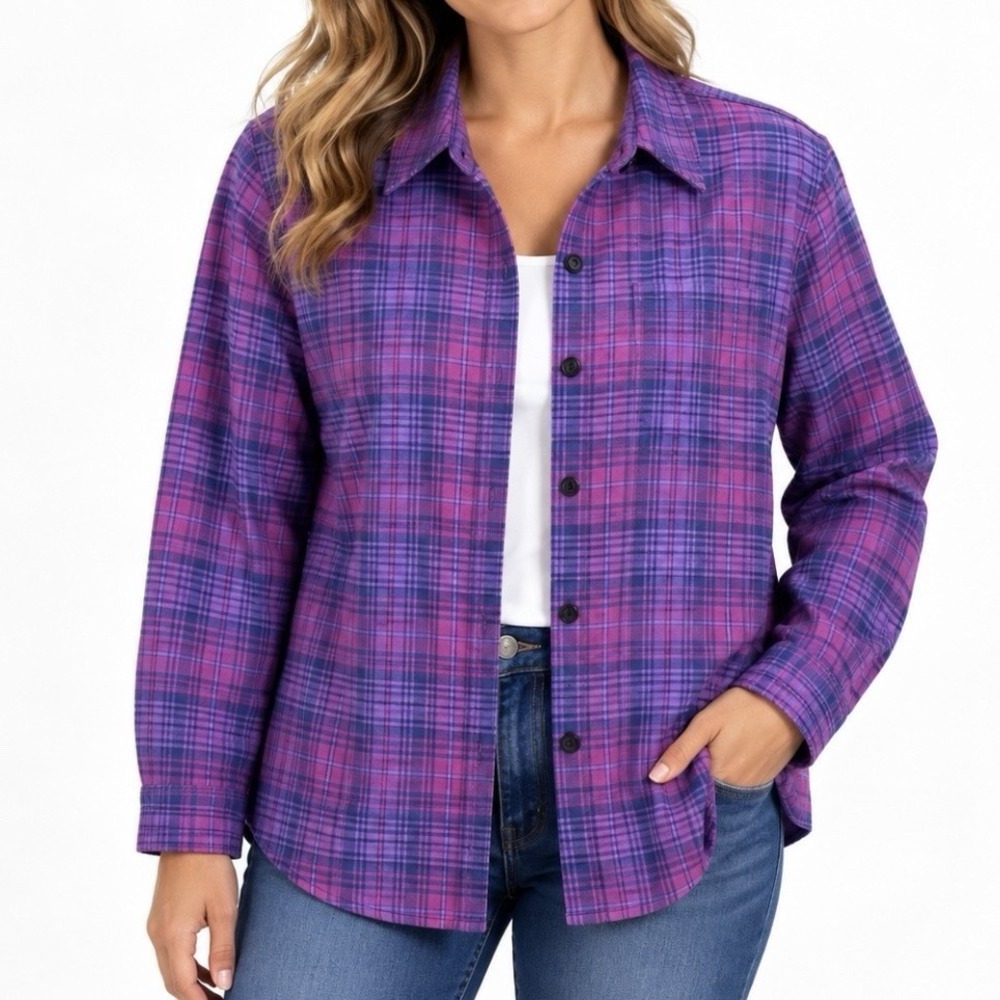 LL Bean Purple Plaid Fleece Lined Flannel Button Up Shirt Jacket Shacket SMALL
